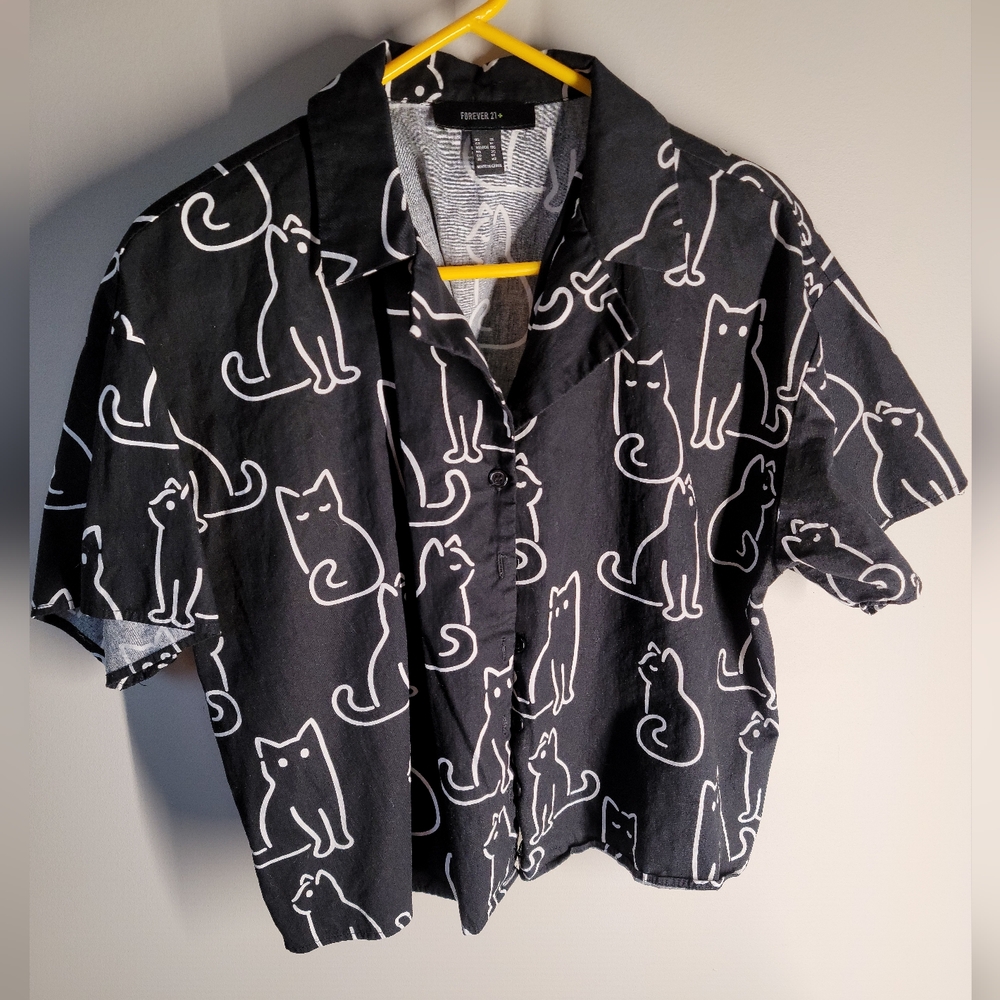 Cat Print Button-up Shirt